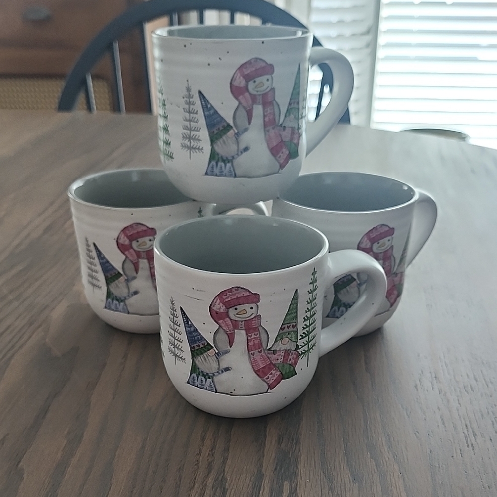 Peppermint And Pine Snowman Design Ceramic Mugs - Set of 4
